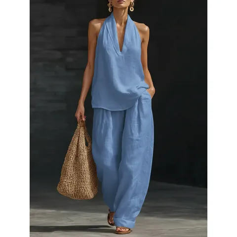 Women French Elegant Halter V-Neck Backless Top And Wide-Leg Pants Top And Bottom Solid Color Cool Summer Outfits