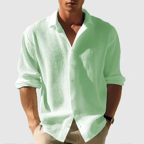 Camisa Casual de Manga Larga de Punto de Gofre para Hombre Color Sólido Abotonadura Sencilla Cuello Solapa Top Urbano