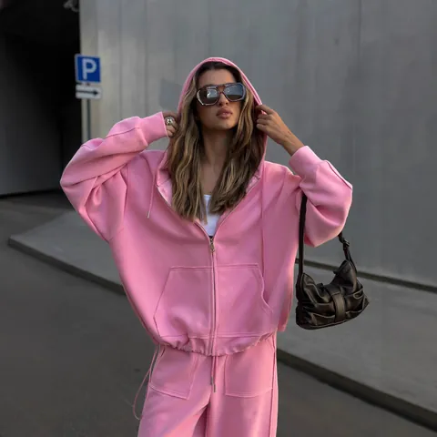 Γυναικεία Streetwear Casual Φόρμα Πολυεστέρα Ζακέτα με Κουκούλα και Φερμουάρ και Παντελόνα με Κορδόνι Top And Bottom