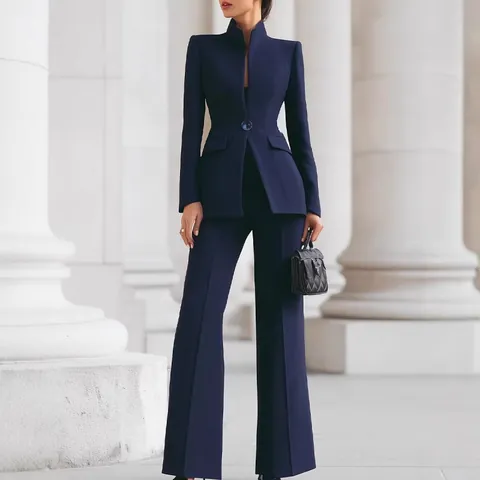 Dames Professioneel Kantoor Kostuum Staande Kraag Lange Mouw Enkele Knoop Blazer Met Hoge Taille Wijde Pijpen Top And Bottom Outfit