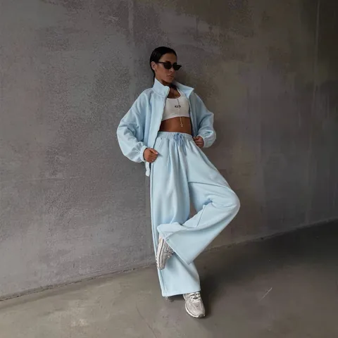 Tuta da Donna American Minimalist Autunno Sopra e Sotto Giacca con Cappuccio e Zip Pantaloni Dritti a Gamba Larga Streetwear