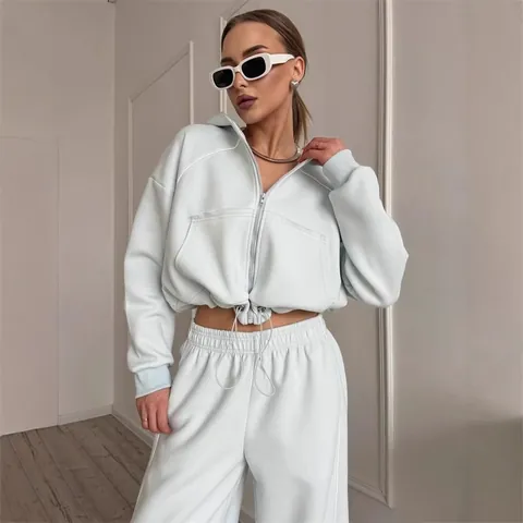 Women's Casual Polyester Spandex Tracksuit Set Hooded Zip-up Jacket And Wide Leg Sweatpants Solid Color Top And Bottom