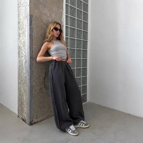 Women American Street Style Loose Casual Sweatpants Elastic Waist Wide Leg Trousers With Contrast Stitching Solid Color Bottom