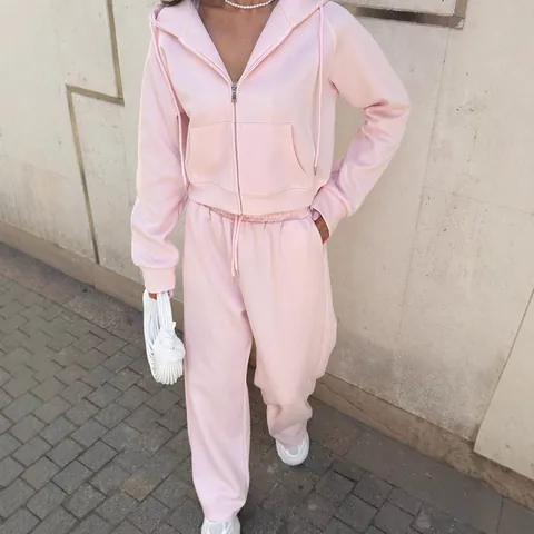 Tuta Sportiva Casual da Donna Tinta Unita Manica Lunga con Cappuccio Top e Pantaloni con Coulisse Completo in Misto Cotone