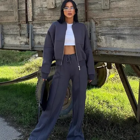 Γυναικεία Casual Φόρμα από Πολυεστέρα Streetwear Ζακέτα με Κουκούλα και Φαρδύ Παντελόνι Lounge Αθλητικό Σετ