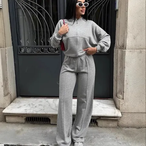 Γυναικεία Casual Φόρμα από Πολυεστέρα Streetwear Ζακέτα με Κουκούλα και Φαρδύ Παντελόνι Lounge Αθλητικό Σετ