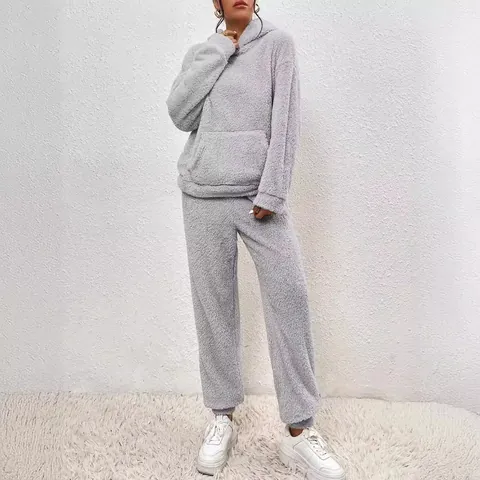 Women Casual Sherpa Fleece Hoodie And Pants Loungewear Top And Bottom Solid Color Long Sleeve Pocket Warm Winter Outfit