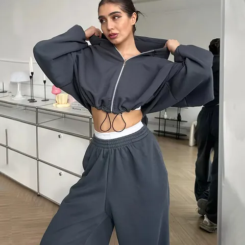 Women's Casual Two Piece Tracksuit Solid Color Long Sleeve Zip-up Cropped Hoodie And Drawstring Elastic Waist Sweatpants Top And Bottom