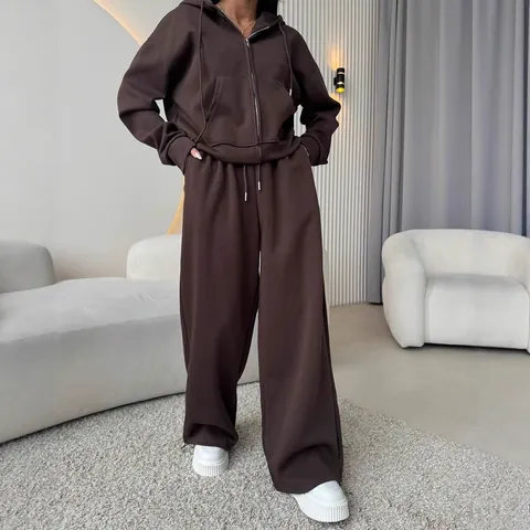 Women Fashion Solid Color Sports Cotton Tracksuit Set Long Sleeve Zip Hoodie Drawstring Wide Leg Pants Sweatsuit Top And Bottom