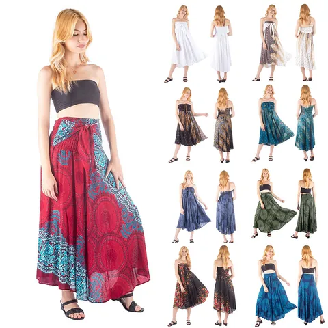 Women's Bohemian Mandala Floral Print Maxi Skirt High Waist Smocked Swing Beach Bottoms Casual Summer Vacation Long Skirt