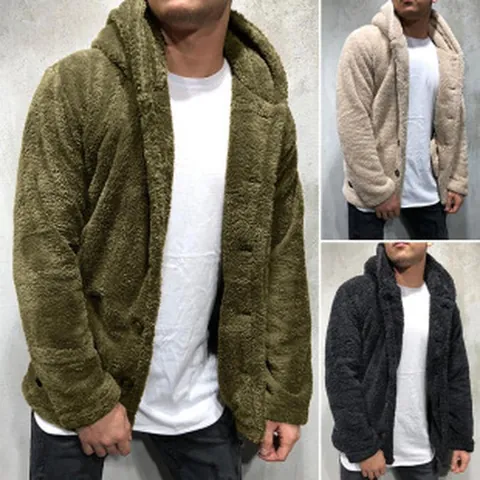 Men Fashion Hooded Teddy Sherpa Fleece Cardigan Jacket Button Down Solid Color Long Sleeve Warm Plush Top For Winter Casual