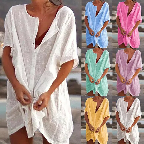 Women Loose Mid-Length Short Sleeve Shirt Polyester Cotton Solid Color Button Up Blouse Beach Sun Protection Top