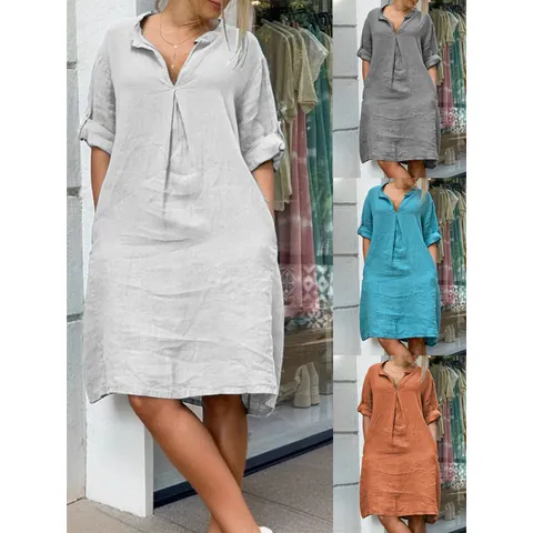 Women Casual V-Neck Pleated Long Sleeve Midi Dress Cotton Linen Blend Solid Color Loose Fit Spring Autumn Gown