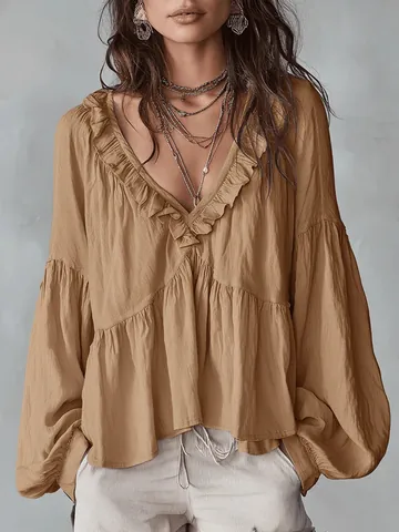 Camicetta da Donna Casual Scollo a V con Volant Maniche a Sbuffo Pieghettata Tinta Unita Dolce Boho a Maniche Lunghe