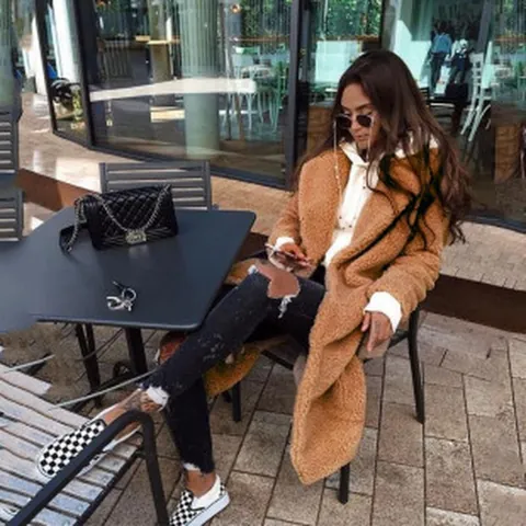 Damen Casual Zweireihig Langmantel Fleece Elegant Reverskragen Dick Teddy Jacke Einfarbig Mode Warm Oberbekleidung Top