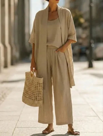 Women Summer Cotton Linen Cardigan Tank Top And Pants Set Solid Color Minimalist Holiday Resort Style Casual Outfits