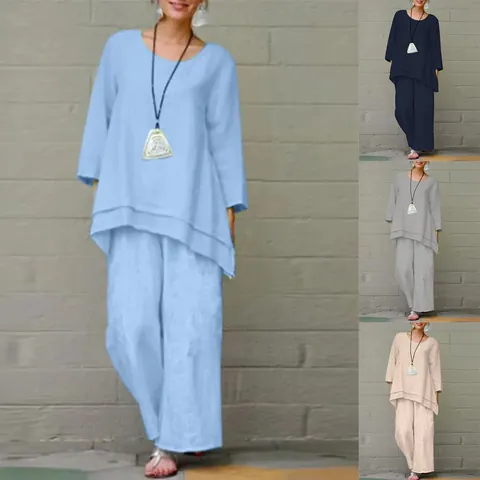 Conjunto de Top y Pantalones para Mujer Poliéster Estilo Chino Retro Color Sólido Casual Suelto Camiseta de Manga Larga y Pantalones de Pierna Ancha