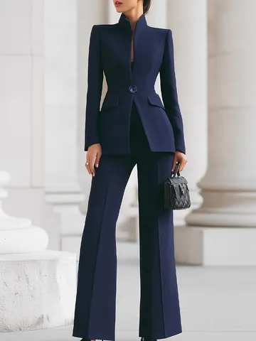 Professionele Dames Zakelijke Kostuumset Marineblauw Opstaande Kraag Single Breasted Blazer En Uitlopende Broek Top En Bottom