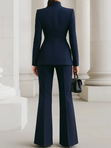 Professionele Dames Zakelijke Kostuumset Marineblauw Opstaande Kraag Single Breasted Blazer En Uitlopende Broek Top En Bottom