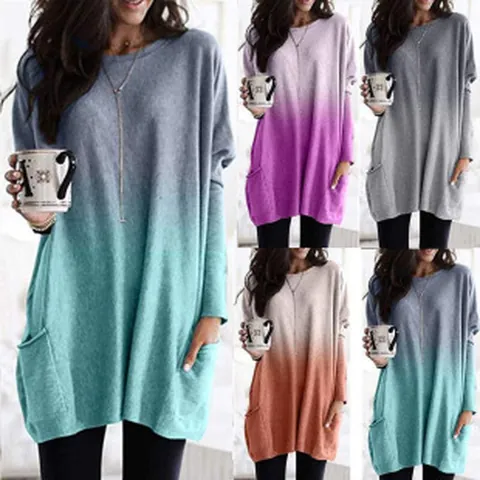 Γυναικείο Casual Ombre Διαβάθμιση Μακρυμάνικο T-Shirt Χαλαρή Εφαρμογή Μείγμα Βαμβακιού Τυπωμένο Τοπ Πουλόβερ με Τσέπες Λαιμόκοψη