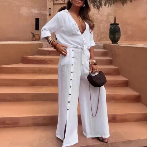 Haut Irrégulier Décontracté pour Femmes avec Col en V et Pantalon à Jambes Larges avec Boutons Tenues de Mode Couleur Unie Printemps Top And Bottom