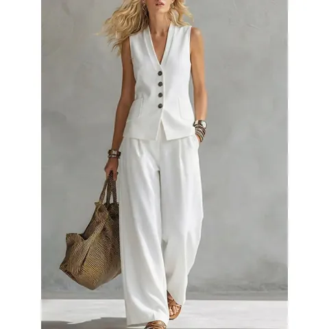 Conjunto Casual de Dos Piezas para Mujer Color Sólido Sin Mangas Cuello en V Chaleco y Pantalones de Pierna Ancha Verano