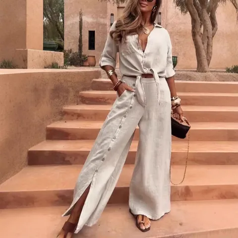 Haut Irrégulier Décontracté pour Femmes avec Col en V et Pantalon à Jambes Larges avec Boutons Tenues de Mode Couleur Unie Printemps Top And Bottom