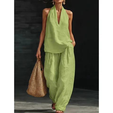 Women French Elegant Halter V-Neck Backless Top And Wide-Leg Pants Top And Bottom Solid Color Cool Summer Outfits