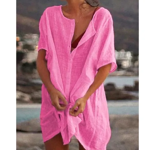 Women Loose Mid-Length Short Sleeve Shirt Polyester Cotton Solid Color Button Up Blouse Beach Sun Protection Top
