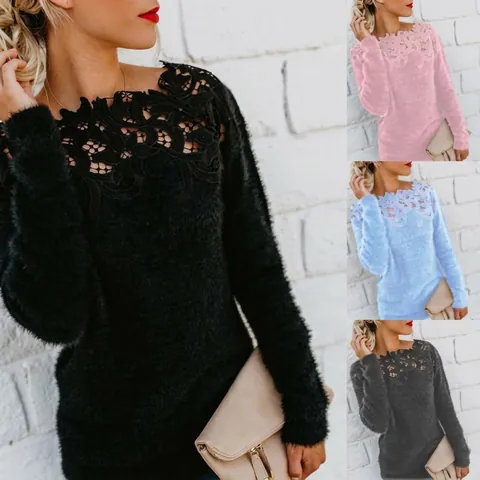 Women's Lace Patchwork Long Sleeve Sweater Elegant Solid Color Faux Mink Fur Knitted Pullover Loose Boat Neck Knitwear Top
