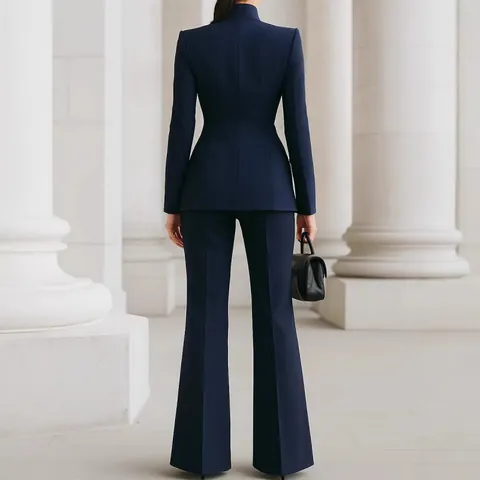 Dames Professioneel Kantoor Kostuum Staande Kraag Lange Mouw Enkele Knoop Blazer Met Hoge Taille Wijde Pijpen Top And Bottom Outfit
