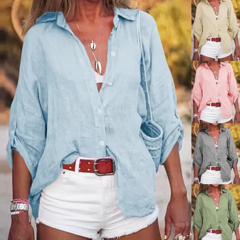Γυναικεία Casual Μπλούζα από Βαμβάκι και Λινό Μονόχρωμη Top με Κουμπιά Μανίκι 3/4 Χαλαρή Εφαρμογή Πουκάμισο Μεγάλου Μεγέθους για Καθημερινή Χρήση