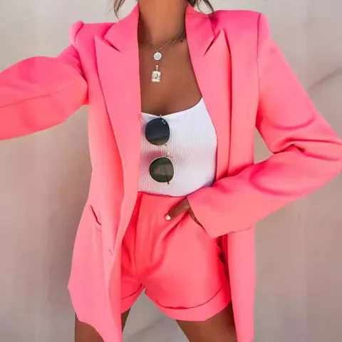 Women Sexy Lapel Long Sleeve Blazer Cardigan And Shorts Two Piece Set Commuter Fashion Casual Solid Color Plaid Top And Bottom Set