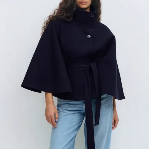 Women's Elegant Solid Cape Trench Coat Stand Collar Button Woolen Style Belted Windbreaker Jacket Outerwear