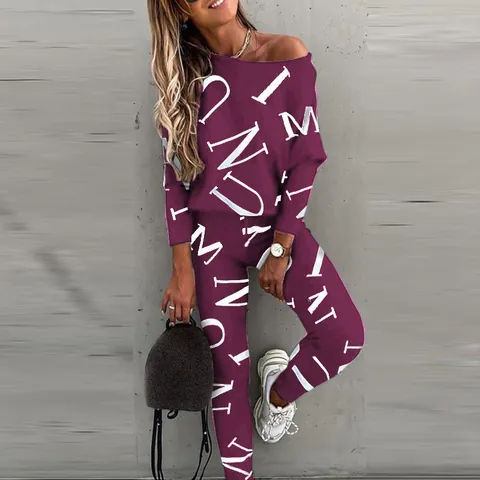 Damen Casual Baumwollmischung Buchstaben Druck Top Und Bottom Herbst Schulterfrei Langarm Top Mit Hose Streetwear Outfit
