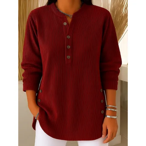 Camicia Henley da Donna in Velluto a Coste con Scollo a V Manica Lunga Casual a Tinta Unita con Bottoni Top Abbigliamento Donna