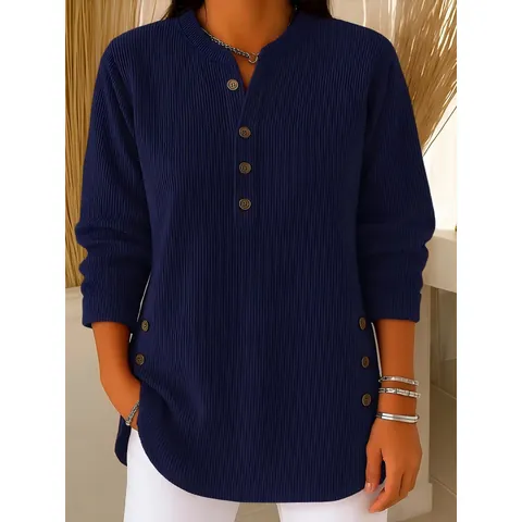 Camicia Henley da Donna in Velluto a Coste con Scollo a V Manica Lunga Casual a Tinta Unita con Bottoni Top Abbigliamento Donna
