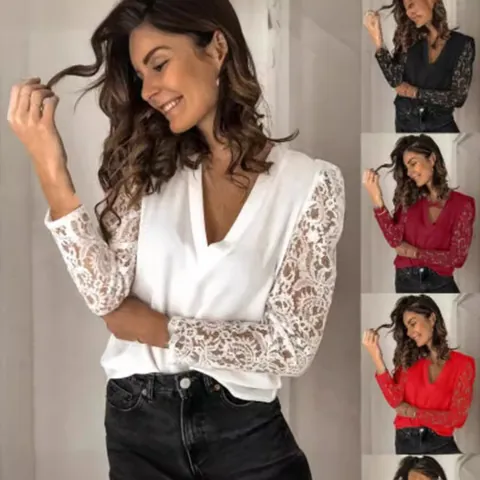 Women V-Neck Slim Fit Long Sleeve Top Lace Patchwork Polyester Spandex Elegant Base Shirt Casual Hollow Out Crochet Blouse