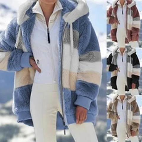 Women Patchwork Fleece Hooded Jacket Winter Warm Loose Plush Color Block Zip Up Outerwear Teddy Coat With Drawstring Hood