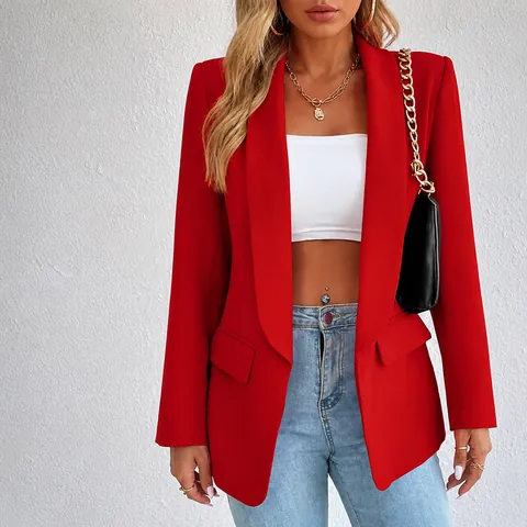 Dames Mode Elegant Pendelaar Blazer Jas Effen Kleur Revers Lange Mouw Pak Top Voor Lente Herfst Kantoor Professionele Kleding