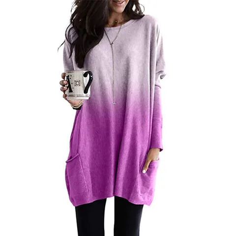 Γυναικείο Casual Ombre Διαβάθμιση Μακρυμάνικο T-Shirt Χαλαρή Εφαρμογή Μείγμα Βαμβακιού Τυπωμένο Τοπ Πουλόβερ με Τσέπες Λαιμόκοψη