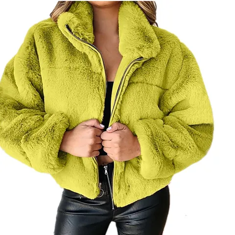 Veste en Fausse Fourrure pour Femmes Hiver Chaud Court Manteau Col Stand Fermeture Éclair Duveteux Vêtement d'Extérieur Décontracté Manches Longues Couleur Unie