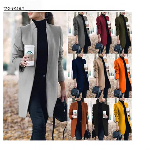 Women British Style Stand Collar Woolen Coat Fashion Polyester Rabbit Hair Splicing Slim Fit Mid-Length Autumn Winter Outwear Jacket