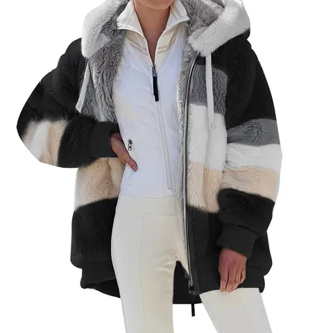 Women Patchwork Fleece Hooded Jacket Winter Warm Loose Plush Color Block Zip Up Outerwear Teddy Coat With Drawstring Hood