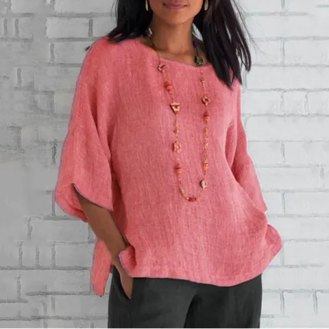 Women Casual Solid Color Round Neck 3/4 Sleeve Cotton Linen Shirt Loose Fit Patchwork Commuting Blouse Summer Breathable Top