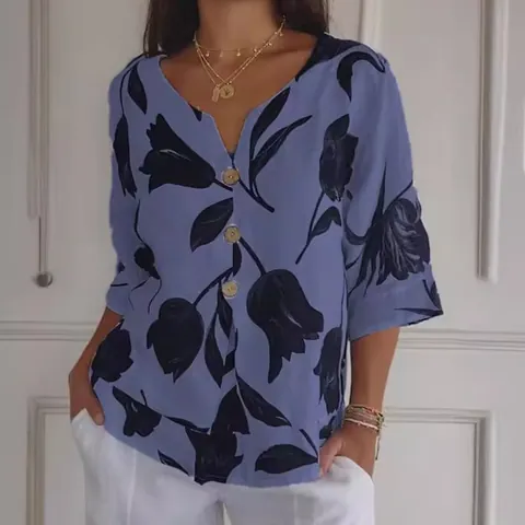 Camicia da Donna in Cotone e Lino con Stampa Floreale Scollo a V Manica Corta Casual Allentata Pullover Top Estate Camicetta