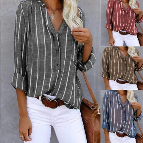 Women Casual Striped Print Blouse V Neck Long Sleeve Button Up Shirt Top Cotton Blend Commuter Fashion Striped Top