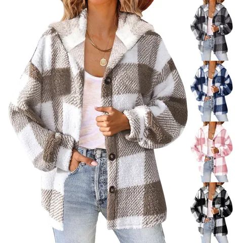 Giacca da Donna in Peluche a Quadri con Cappuccio e Bottoni Cappotto in Pile Sherpa Caldo Autunno Inverno