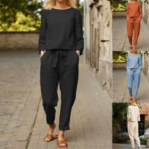 Damen Casual Baumwollleinen Zweiteiliges Set Einfarbig Rundhals Langarm Top Und Elastische Taille Kordelzug Hose Locker Mode Bekleidung