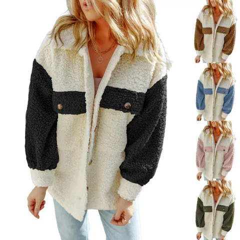 Giacca da Donna Casual in Pile Sherpa a Blocchi di Colore Manica Lunga Patchwork Cappotto Largo con Bottoni e Tasche Top